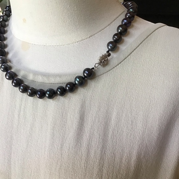 Sterling Silver Black iridescence Pearl Necklace 925 - Picture 8 of 12